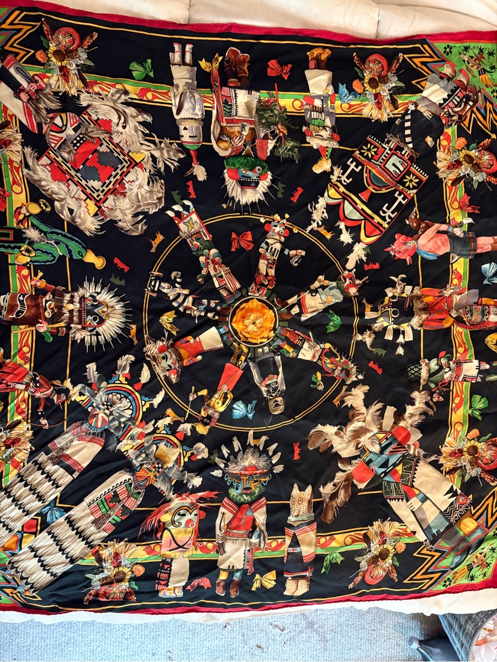 Hermes Black Silk Scarf with Multicolor Tribal & Ceremonial Motifs - Picture 3 of 3